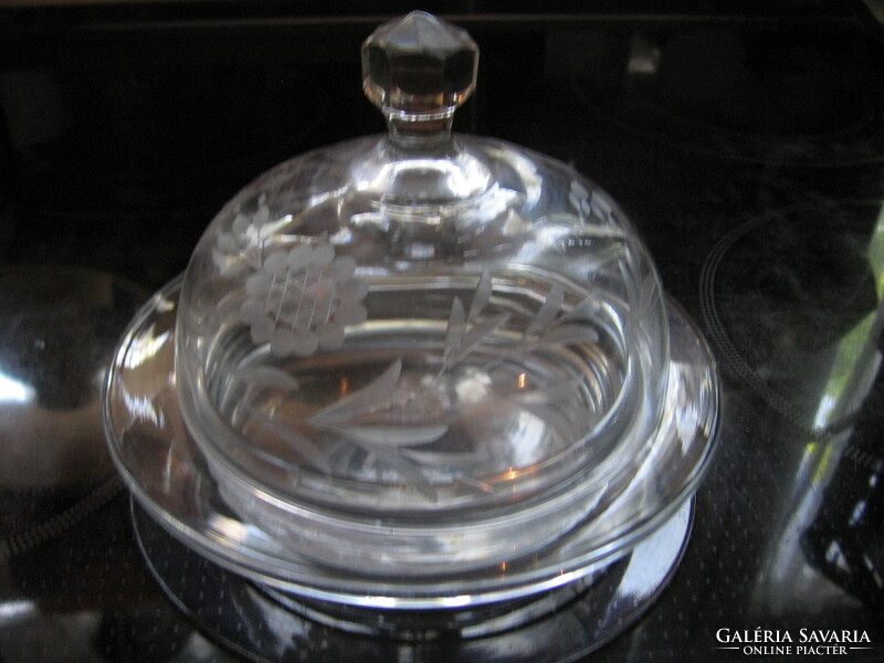 Antique engraved glass floral cheese and butter holder
