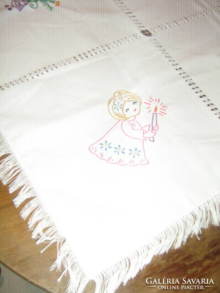 Beautiful Christmas angelic hand-embroidered azure fringe tablecloth