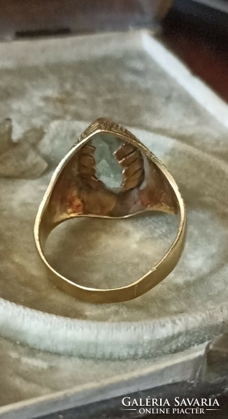 18K gold aquamarine pale blue stone ring with fabric print pattern
