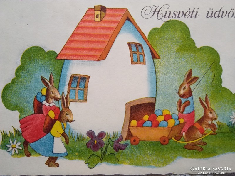 Régi grafikus húsvéti képeslap, nyuszik, tojások 1949