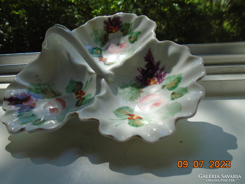 ANTIK kézzel festett szecessziós 3 kagylós bonbonier virágszál fogóval rózsa és levendula mintával