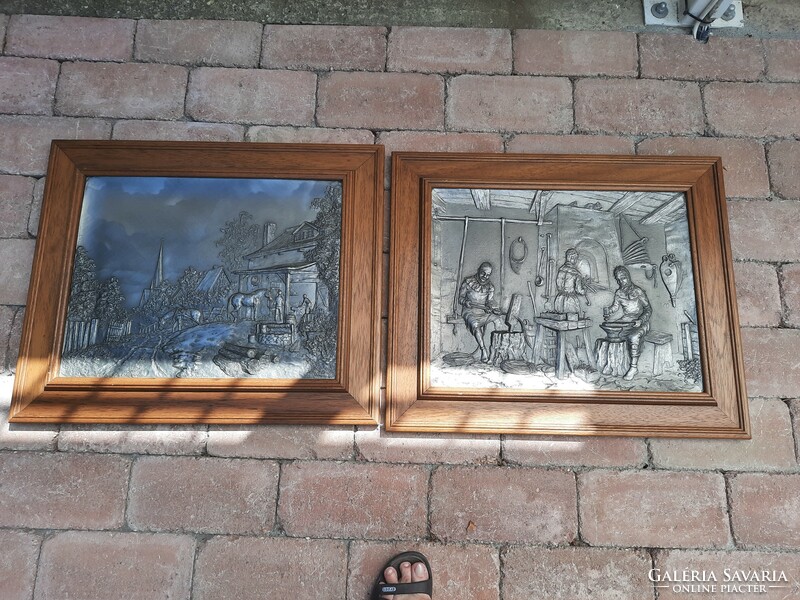 2 Tin German zinc wall pictures in a wooden frame blacksmith's workshop life pictures