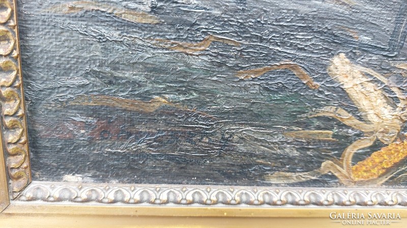 (K) Szép szignózott életkép festmény, tengerihántó férfi 60x79 cm kerettel