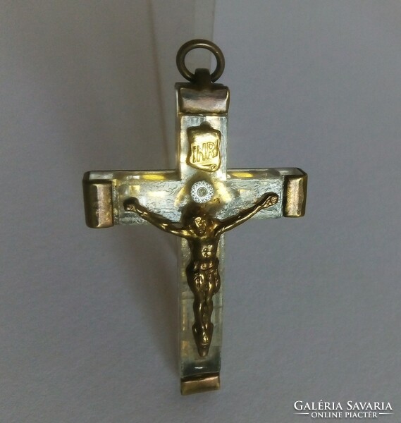 Lourdes France holy water lasting crucifix with hanging stone 1930s