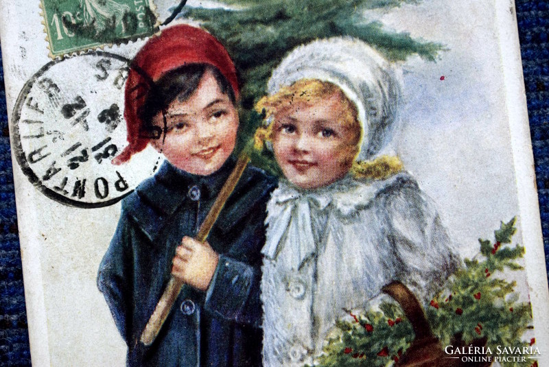 Antik Újévi üdvözlő litho képeslap gyerekek fenyőfával magyal