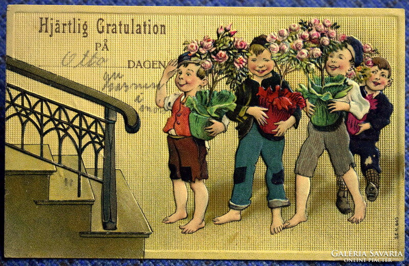 Antique embossed name day greeting card for children with a bouquet of roses