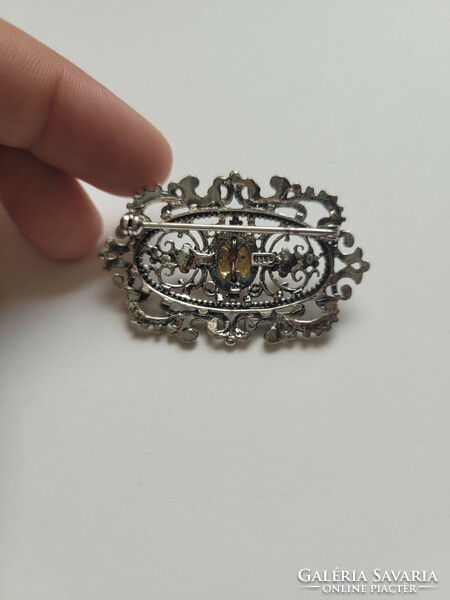 Antique baroque style garnet stone gold inlaid silver filigree brooch!