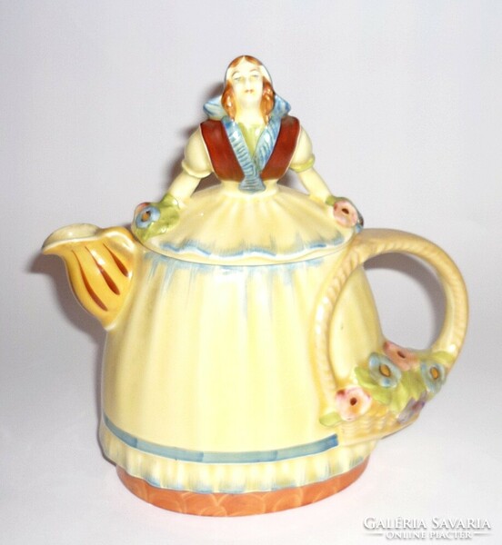 Antique majolica teapot, lady with pouring flower basket, also for collectors!!!