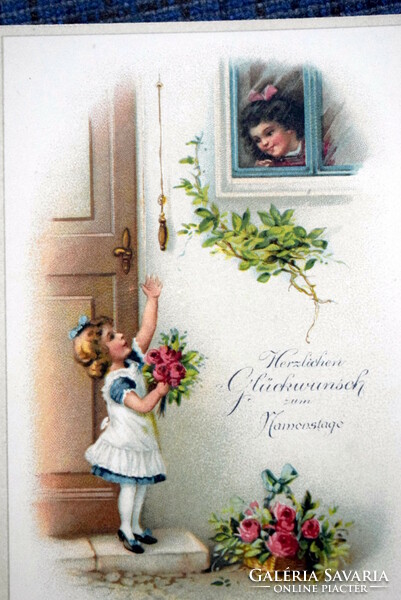 Régi Névnapi üdvözlő litho  képeslap gyerekek rózsacsokor