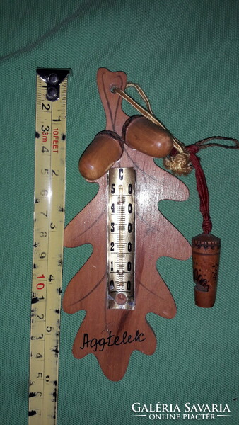 Antik fa makkos hőmérő szivenírboltos ajándéktárgy síppal AGGTELEK - HÉVÍZ a képek szerint