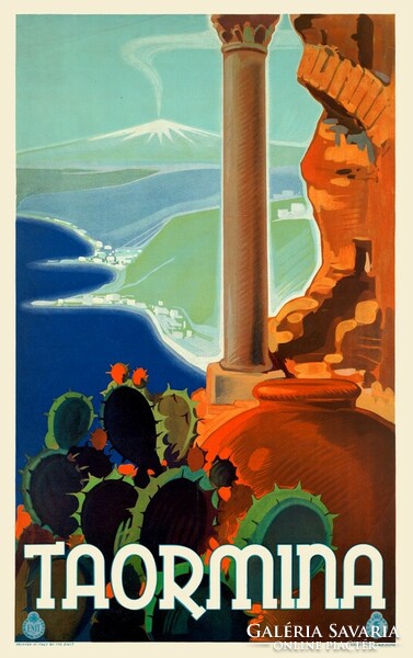 Vintage nyaralási utazási reklám plakát Taormina Itália Szicilia, modern reprint, mediterrán tenger