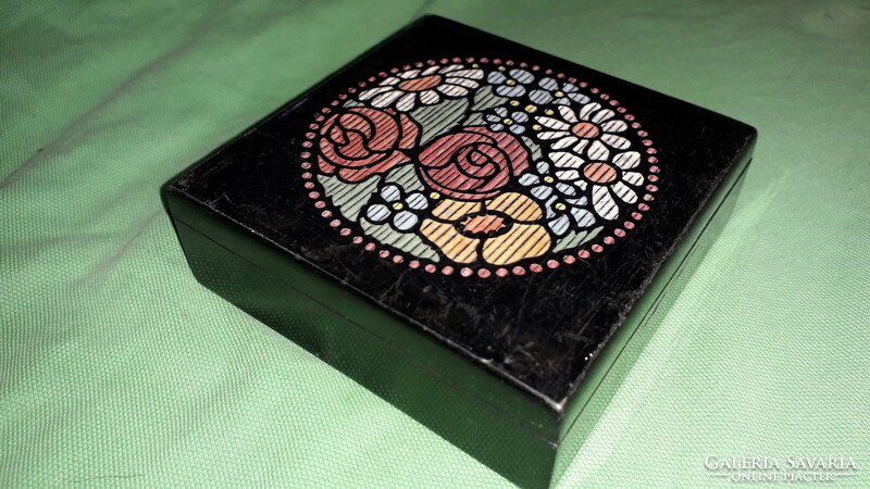 Old craftsman painted marquetry lacquered black wooden gift box 12 x 12 x 3 cm as shown in the pictures