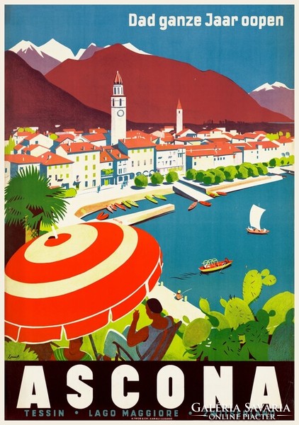 Vintage nyaralási utazási reklám plakát Lago Maggiore Ascona Svájc 1934, modern reprint, tópart