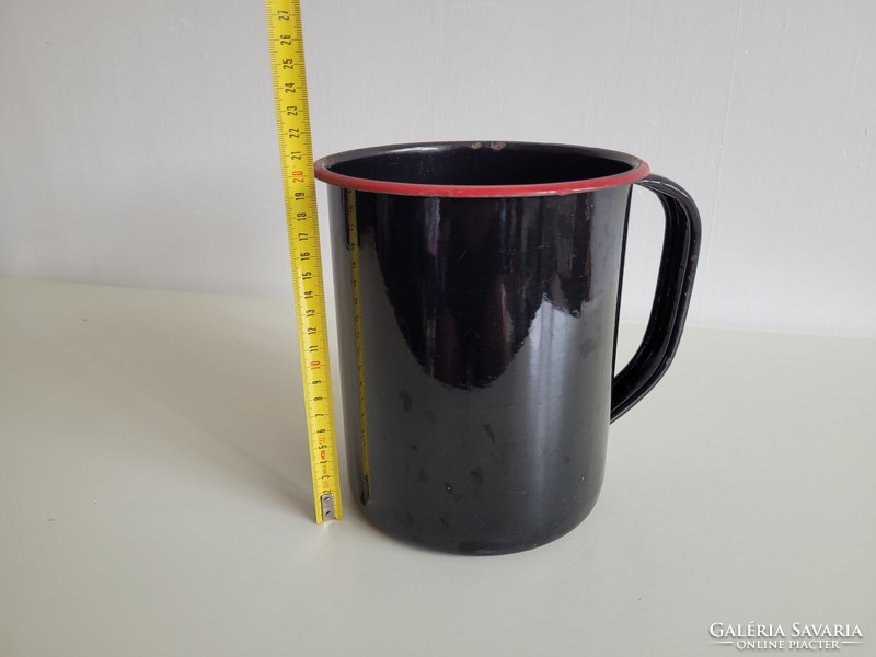 Old enamel large spout black red enameled iron jug 3.5 l