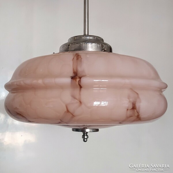 Art deco mennyezeti lámpa felújítva - különleges formájú márványozott rózsaszín búra