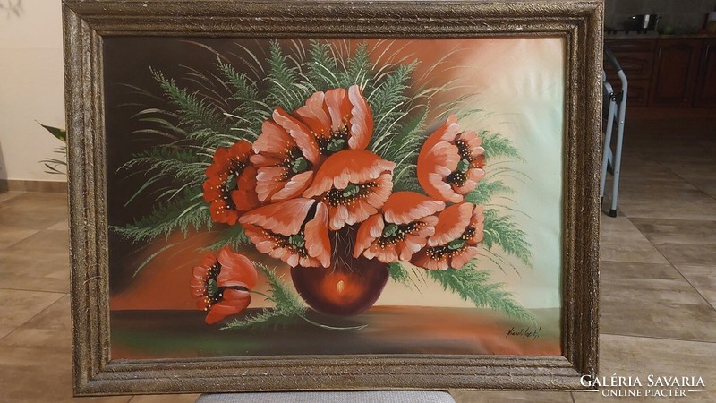 (k) Szép pipacsos virágcsendélet festmény 76x56 cm kerettel
