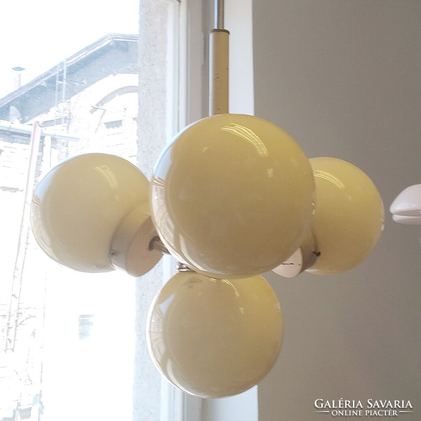 Bauhaus - art deco - streamline 3-arm, 4-burner nickel-plated chandelier renovated - cream-colored spherical shades