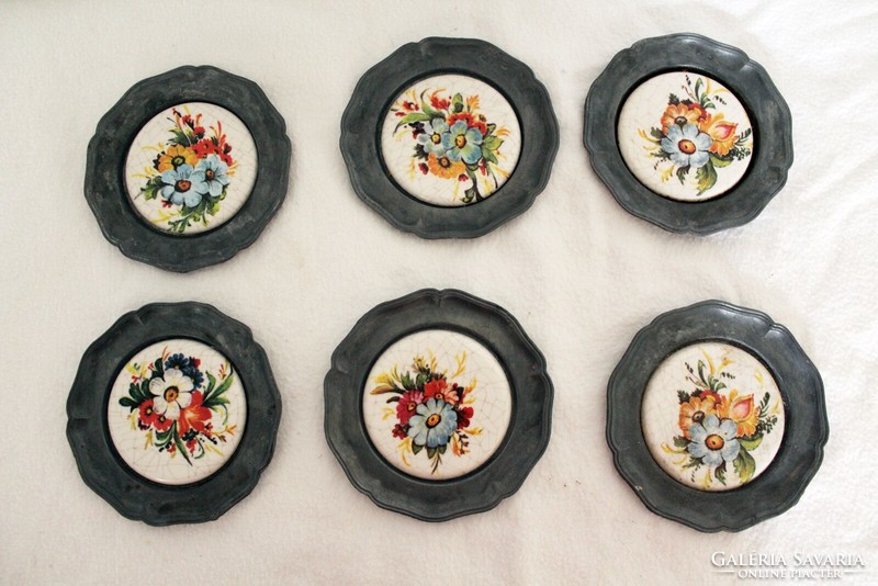 6 wall pewter baby plates with floral porcelain inserts