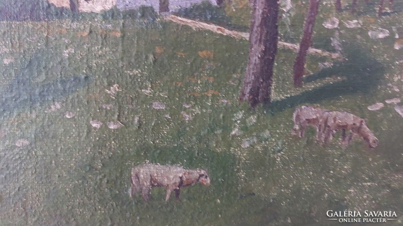 (K) Antik tájkép bárányokkal, házikóval 26x33 cm