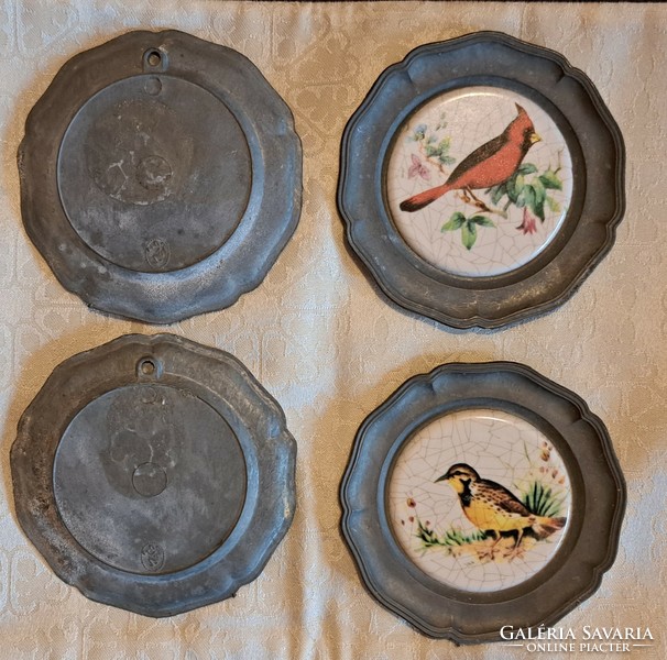 4 plates with a bird's pewter frame, wall decoration (m3862)