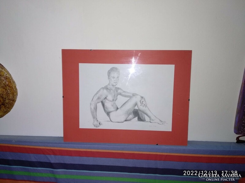 Férfiakt, ülő akt, fiatal férfi jelzett ceruzarajz, grafit rajz akt kép