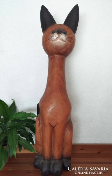 Large, 102 cm high, wooden sculpture depicting a cat