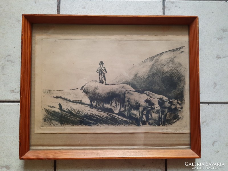 István Szőnyi: oxen request - original marked etching from 1925