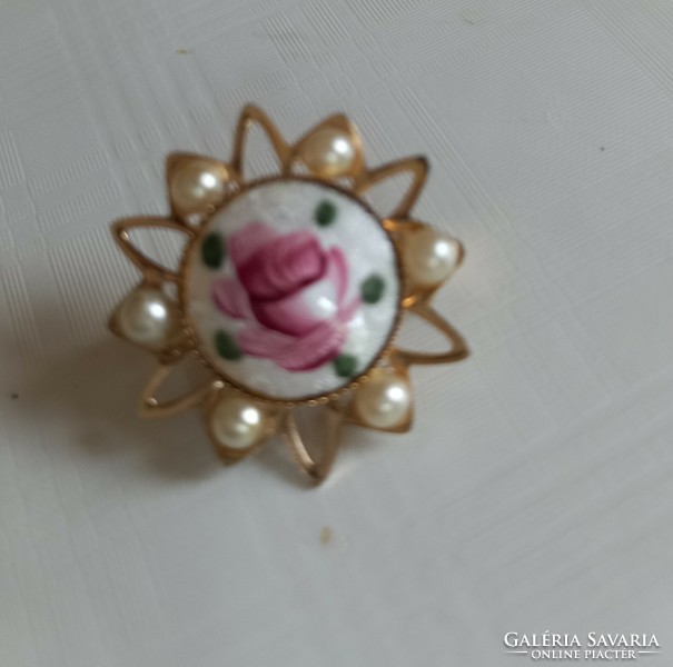 Vintage retro pearl guilloche hand painted porcelain kituzo brooch
