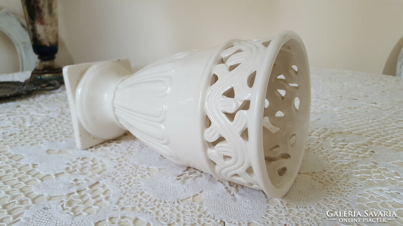 Wonderful openwork, lacy cream white ceramic vase, goblet, cup holder