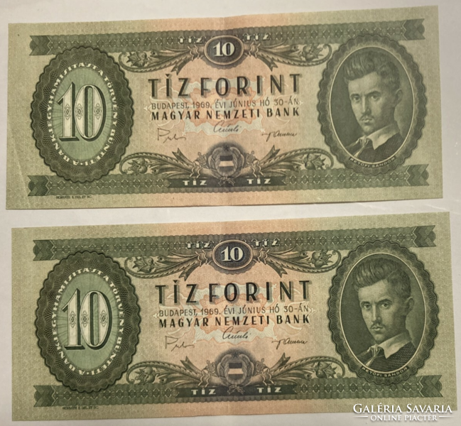 2 pieces of 1969 10 HUF, beautiful paper with serial numbers (3)