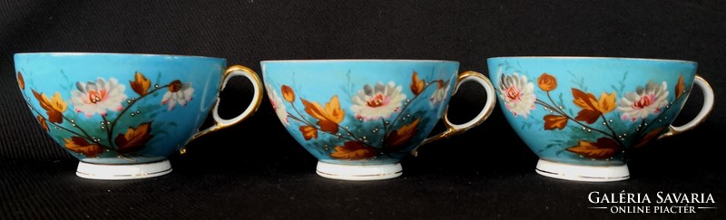 DT/288. Antik, jelzés nélküli, kézi festésű virágmintás porcelán teáskészlet 3 személyre