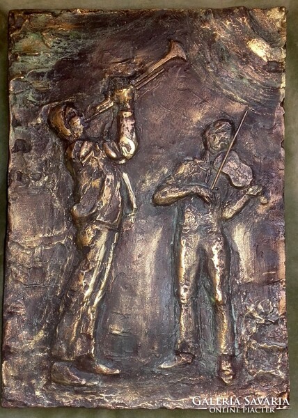 Mária R. Törley (1950): boys playing music. Music boys. 30X21cm relief rarity.