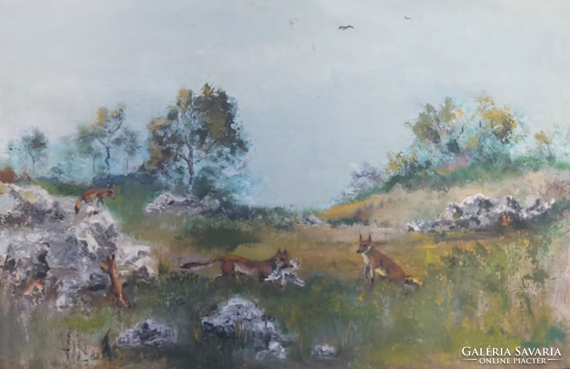 Vadászó rókák (olajfestmény, vászon, keretben 55x80) állatvilág, természeti, sziklás táj