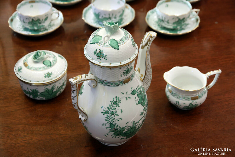 Herend green Indian basket pattern 6-person tea set | Indian basket tea fv