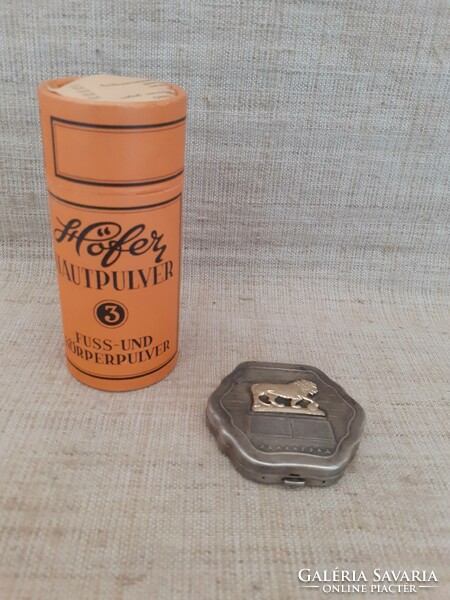 Art-deco silver-plated engraved powder case with famous Leningrad lion statue on top with box of powder