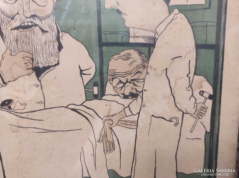 Antik orvosi grafika nyomat karikatúra 1930 kórházi jelenet keretben 495 7595