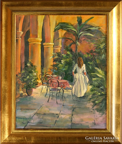 Tibor Dusza: On the terrace - with frame 64x54 cm - artwork: 50x40 cm - 209/203