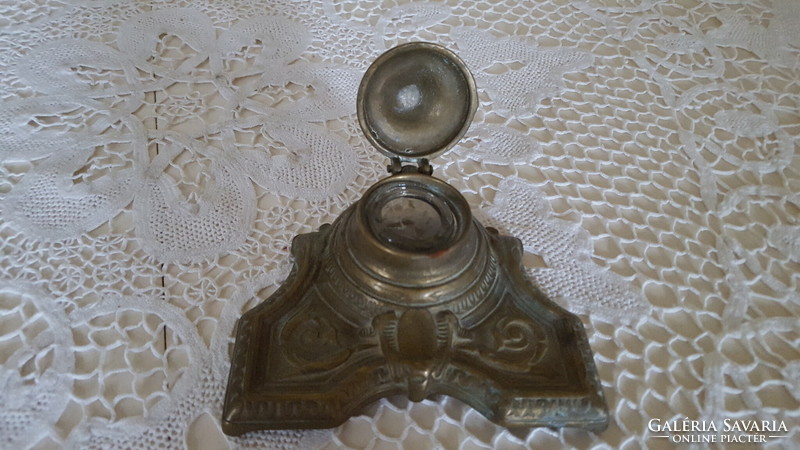 Antique small brass inkstand with pen holder