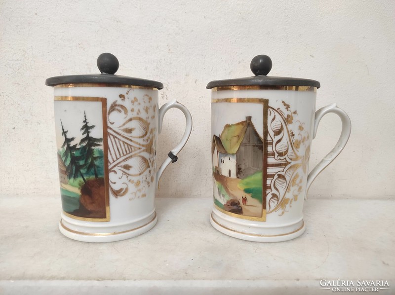 Anti kitchen tool Biedermeier porcelain cup with 2 pewter lids landscape motif 588 7576