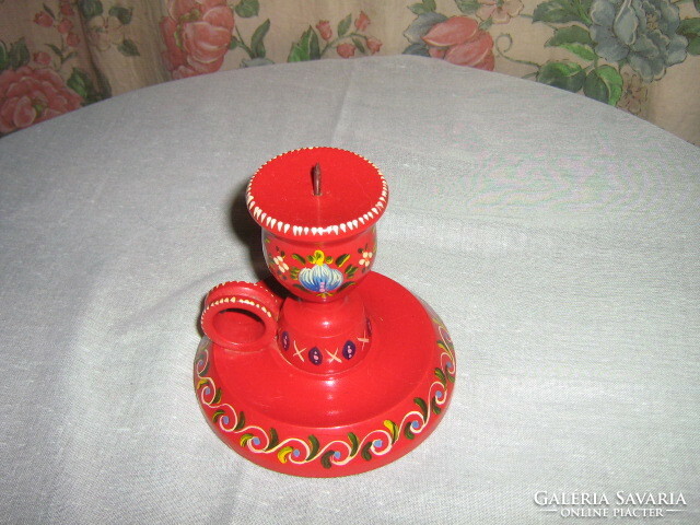 Antique folk hand-painted charming wooden candle holder with red flowers