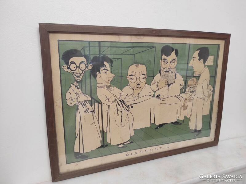Antique medical graphic print caricature 1930 hospital scene in frame 495 7595