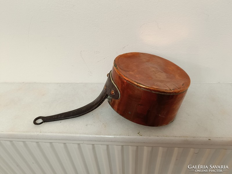 Antique tinned kitchen tool red copper pan with large handle and iron leg with dent 975 7637