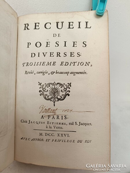 Antik könyv francia nyelvű versek gyűjteménye költészet 1726 Recueil de Poësies diverses 953 7642