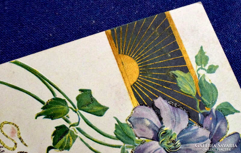 Antique embossed art nouveau glitter postcard clematis golden sun