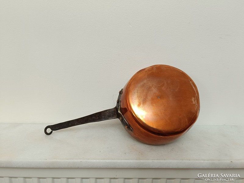 Antique tinned kitchen tool red copper pan with large handle and iron leg with dent 974 7636