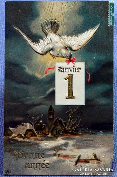 Antique embossed New Year greeting card dove letter night winter landscape