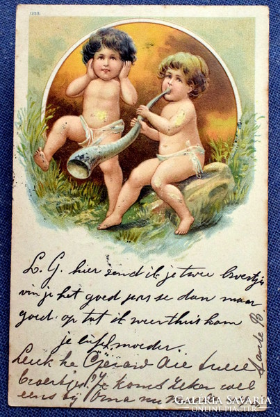Antique embossed greeting card putts with horns