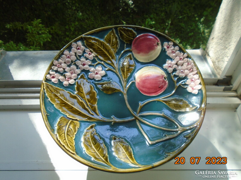 19th French majolica base cake plate with raised peach flowers and fruit with hand-painted patterns