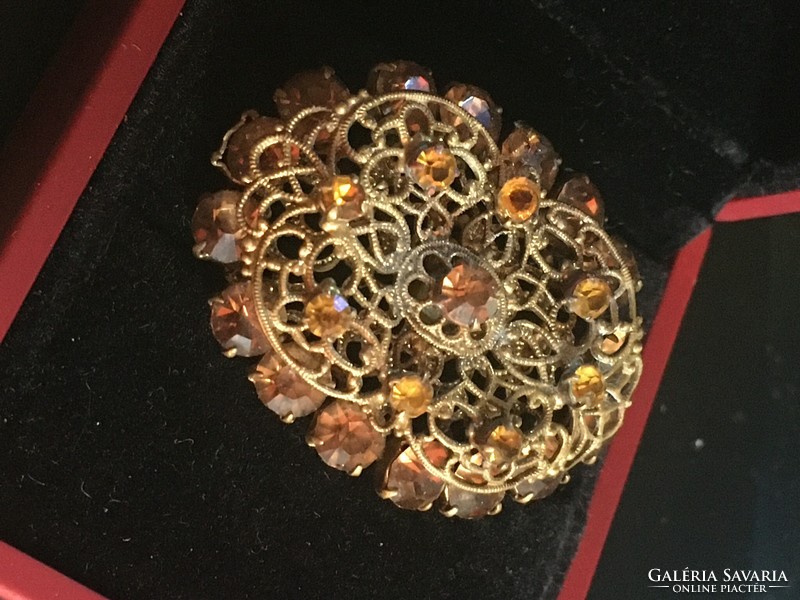 Brooch - from the early 1900s - filigree gold-plated metal, with fake 