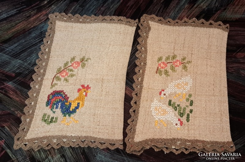 Pair of cross-stitch embroidered rooster and hen tablecloths (l3971)